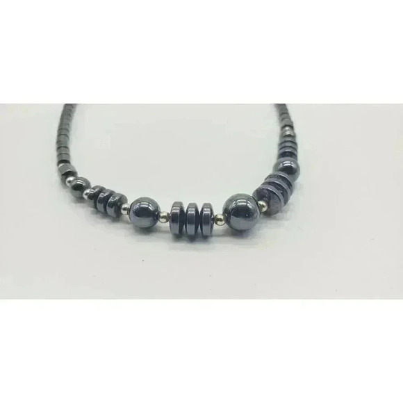 Vintage Necklace Hematite & Sterling Silver Beaded MCM Modernist Brutalist - Picture 4 of 9
